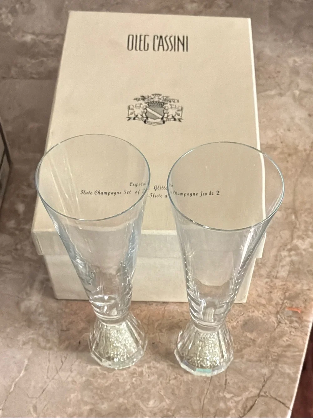 Oleg Cassini Clear Crystal Champagne Flutes with Sparkling Bases